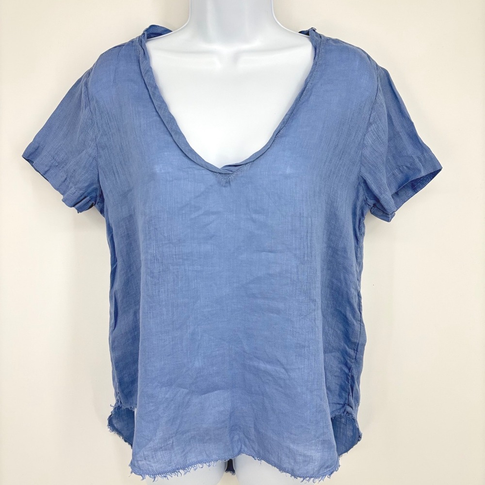 Bella Dahl Linen V-Neck Top Womens Small Blue Short Sleeve Designer Boho Luxury